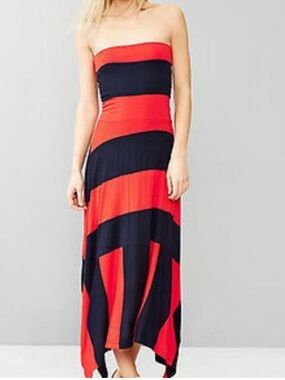 Vintage GAP 4 in 1 Red and Navy Striped Handkerchief Hem Maxi Strapless Dress